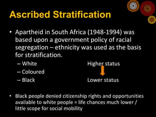 Ascribed Stratification Apartheid in South Africa (1948-1994) was based upon a government policy of racial segregation – ethnicity was used as the basis for stratification. White Higher status Coloured Black  Lower status Black people denied citizenship rights and opportunities available to white people = life chances much lower / little scope for social mobility 