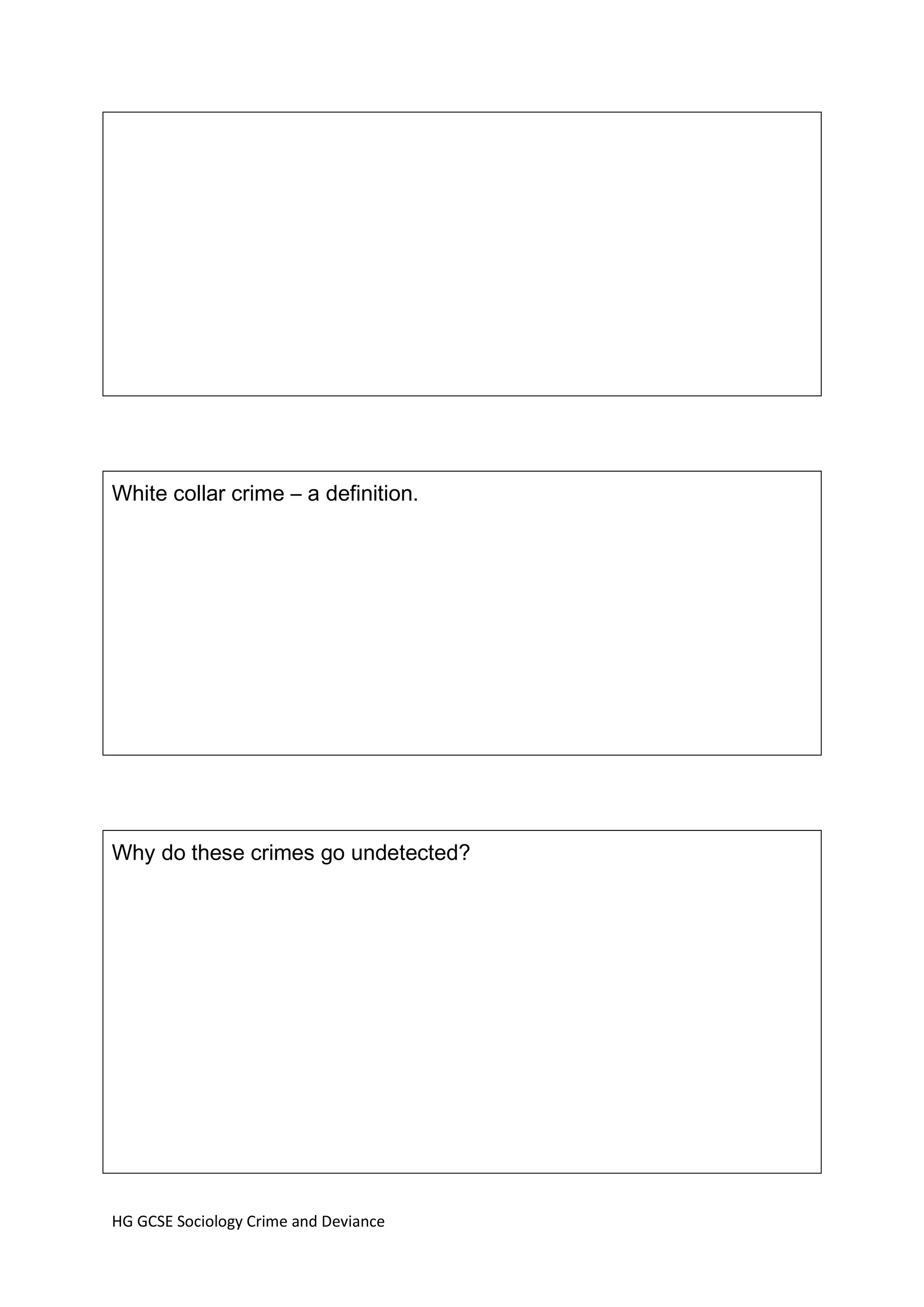 White collar crime – a definition.




Why do these crimes go undetected?




HG GCSE Sociology Crime and Deviance
 