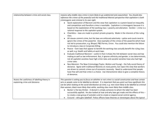 relationship between crime and social class.   reasons why middle class crime is more likely to go undetected and unpunished. You should also
                                               reference the crimes of the powerful and the traditional Marxist perspective that capitalism is both
                                               criminogenic and criminal in its own right.
                                                       Quick explanation of Marxism and the view that capitalism is a system based on inequality
                                                       and competition and therefore crime is inevitable. Capitalism is criminogenic because it is
                                                       based on the exploitation of the working class = poverty and alienation. Gordon – crime is a
                                                       rational response to the capitalist system.
                                                       Chambliss – laws are made to protect private property. Made in the interests of the ruling
                                                       class.
                                                       All classes commit crime, but the laws are enforced selectively – police and courts tend to
                                                       ignore the crimes of the powerful. Give examples of the crimes of the powerful which have
                                                       not led to prosecution, e.g. Bhopal, P&O ferries, Enron. You could also mention the failure
                                                       to introduce a law on Corporate Killing.
                                                       Pearce - Even laws that appear to benefit the working class actually benefit the ruling class
                                                       as well, e.g. Health and Safety at work laws.
                                                       Evaluate traditional Marxism – useful in that it shows the link between social class and law
                                                       making as well as law enforcement. But, it ignores ethnicity and gender, is too deterministic,
                                                       not all capitalist societies have high crime rates and socialist societies have also had high
                                                       crime rates
                                                       Neo-Marxism: The New Criminology (Taylor, Walton and Young) – the fully social theory of
                                                       deviance. Agree with traditional Marxists on many points, but reject the view that workers
                                                       are driven to commit crimes out of economic necessity. Need to understand that people
                                                       have free will and that crime is a choice. Use interactionist ideas to give a complete theory
                                                       of deviance.

Assess the usefulness of labelling theory in   This question is asking you to focus on whether or not crime is a social construction and how certain
explaining crime and deviance.                 acts or people come to be labelled as deviant. It is important that you point out how significant this
                                               can be when looking at the social distribution of crime, e.g. men more likely to be labelled as criminal
                                               than women, black more likely than white, working class more likely than middle class.
                                                        Becker is the key thinker. A deviant is simply someone to whom the label has been
                                                        successfully applied. He also looked at how and why laws get made and the effects of this –
                                                        to create a new group of outsiders and to create or expand social control agency.
                                                        Cicourel – who gets labelled? Police officers have theories or stereotypes about the typical
 