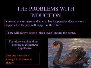 THE PROBLEMS   WITH INDUCTION Therefore we should be looking to  disprove  a hypothesis. You cant always assume that what has happened and has always happened in the past will happen in the future. There will always be one ‘black swan’ around the corner. Just one instance is enough to disprove a theory 