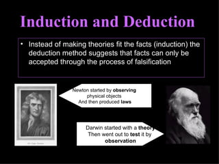 Instead of making theories fit the facts (induction) the deduction method suggests that facts can only be accepted through the process of falsification Induction and Deduction  Newton started by  observing  physical objects  And then produced  laws Darwin started with a  theory Then went out to  test  it by  observation 