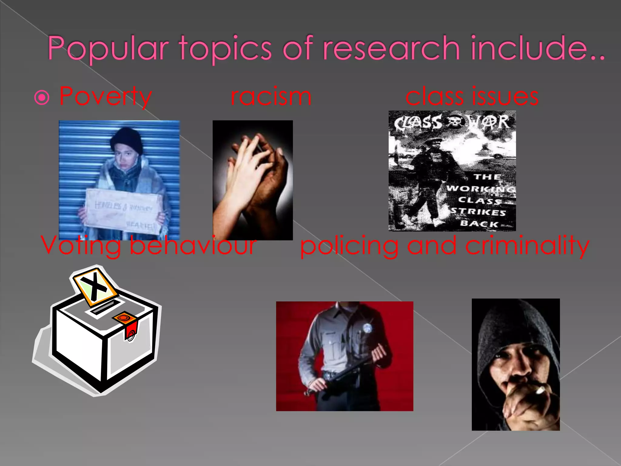    Poverty   racism       class issues




Voting behaviour   policing and criminality
 