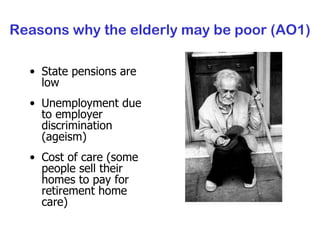 Reasons why the elderly may be poor (AO1) State pensions are low Unemployment due to employer discrimination (ageism) Cost of care (some people sell their homes to pay for retirement home care) 