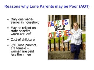 Only one wage-earner in household May be reliant on state benefits, which are low Cost of childcare 9/10 lone parents are female – women are paid less then men Reasons why Lone Parents may be Poor (AO1) 