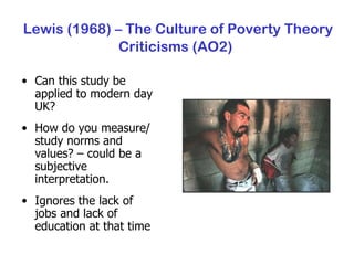 Lewis (1968) – The Culture of Poverty Theory Criticisms (AO2) Can this study be applied to modern day UK? How do you measure/study norms and values? – could be a subjective interpretation. Ignores the lack of jobs and lack of education at that time 