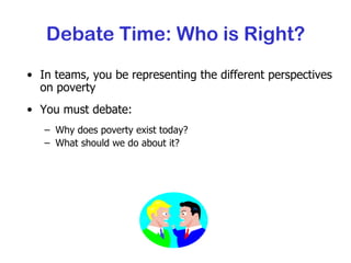 Debate Time: Who is Right? In teams, you be representing the different perspectives on poverty You must debate: Why does poverty exist today? What should we do about it? 