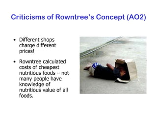 Criticisms of Rowntree’s Concept (AO2) Different shops charge different prices! Rowntree calculated costs of cheapest nutritious foods – not many people have knowledge of nutritious value of all foods. 