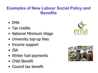 Examples of New Labour Social Policy and Benefits EMA Tax credits National Minimum Wage University top-up fees Income support JSA Winter fuel payments Child Benefit Council tax benefit 