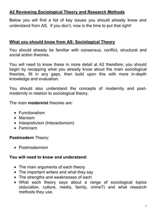 A2 Reviewing Sociological Theory and Research Methods
Below you will find a list of key issues you should already know and
understand from AS. If you don’t, now is the time to put that right!


What you should know from AS: Sociological Theory
You should already be familiar with consensus, conflict, structural and
social action theories.

You will need to know these in more detail at A2 therefore; you should
begin by recapping what you already know about the main sociological
theories, fill in any gaps, then build upon this with more in-depth
knowledge and evaluation.

You should also understand the concepts of modernity and post-
modernity in relation to sociological theory.

The main modernist theories are:

    Functionalism
    Marxism
    Interpretivism (Interactionism)
    Feminism

Postmodern Theory:

    Postmodernism

You will need to know and understand:

    The main arguments of each theory
    The important writers and what they say
    The strengths and weaknesses of each
    What each theory says about a range of sociological topics
    (education, culture, media, family, crime?) and what research
    methods they use.


                                                                      2
 