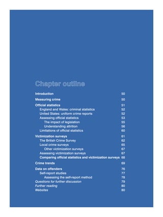 Chapter outline
Introduction                                                 50
Measuring crime                                              50
Official statistics                                          51
   England and Wales: criminal statistics                    52
   United States: uniform crime reports                      52
   Assessing official statistics                             53
       The impact of legislation                             55
       Understanding attrition                               56
   Limitations of official statistics                        60
Victimization surveys                                        61
   The British Crime Survey                                  62
   Local crime surveys                                       65
      Other victimization surveys                            67
   Assessing victimization surveys                           67
   Comparing official statistics and victimization surveys   68
Crime trends                                                 69
Data on offenders                                            76
   Self-report studies                                       77
      Assessing the self-report method                       78
Questions for further discussion                             79
Further reading                                              80
Websites                                                     80
 