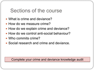 Sections of the courseWhat is crime and deviance?How do we measure crime?How do we explain crime and deviance?How do we control anti-social behaviour?Who commits crime?Social research and crime and deviance.Complete your crime and deviance knowledge audit