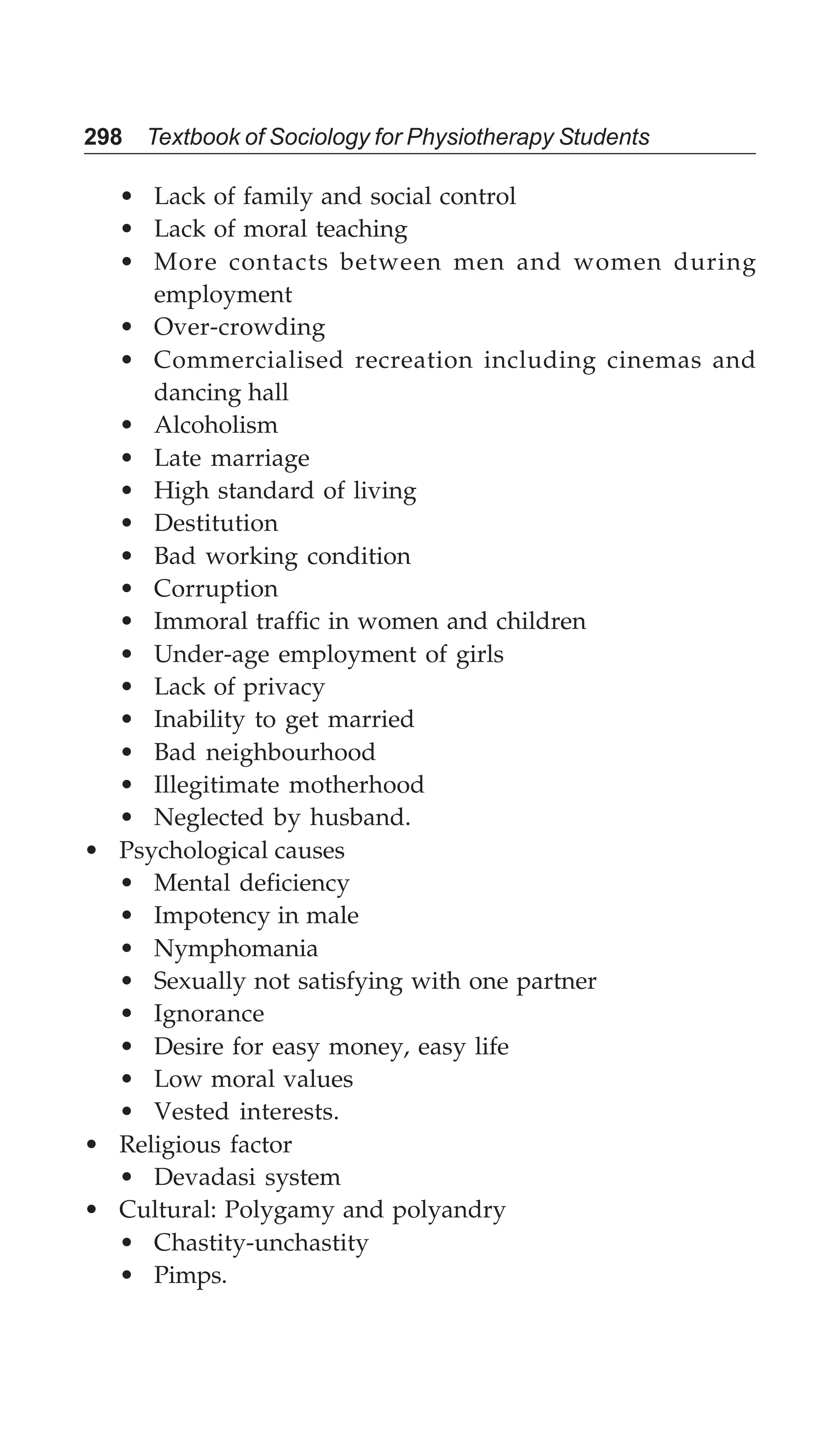 298 Textbook of Sociology for Physiotherapy Students
• Lack of family and social control
• Lack of moral teaching
• More contacts between men and women during
employment
• Over-crowding
• Commercialised recreation including cinemas and
dancing hall
• Alcoholism
• Late marriage
• High standard of living
• Destitution
• Bad working condition
• Corruption
• Immoral traffic in women and children
• Under-age employment of girls
• Lack of privacy
• Inability to get married
• Bad neighbourhood
• Illegitimate motherhood
• Neglected by husband.
• Psychological causes
• Mental deficiency
• Impotency in male
• Nymphomania
• Sexually not satisfying with one partner
• Ignorance
• Desire for easy money, easy life
• Low moral values
• Vested interests.
• Religious factor
• Devadasi system
• Cultural: Polygamy and polyandry
• Chastity-unchastity
• Pimps.
 