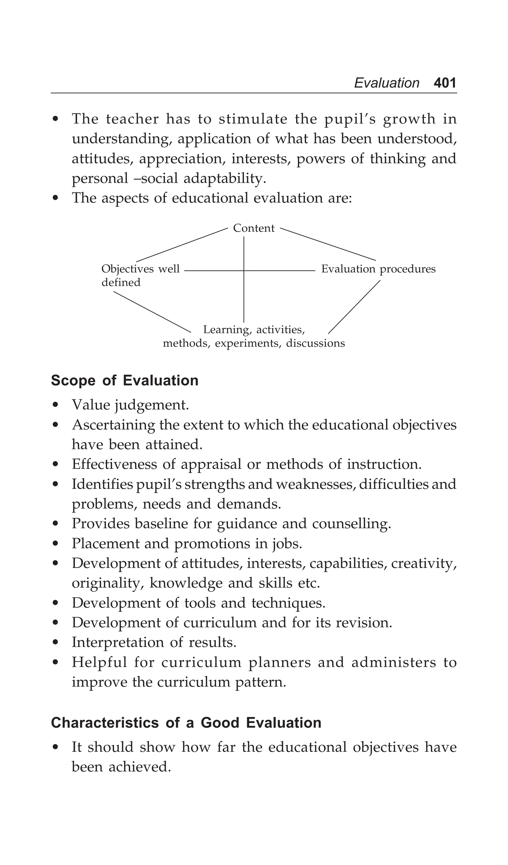 Evaluation 401
• The teacher has to stimulate the pupil’s growth in
understanding, application of what has been understood,
attitudes, appreciation, interests, powers of thinking and
personal –social adaptability.
• The aspects of educational evaluation are:
Content
Objectives well Evaluation procedures
defined
Learning, activities,
methods, experiments, discussions
Scope of Evaluation
• Value judgement.
• Ascertaining the extent to which the educational objectives
have been attained.
• Effectiveness of appraisal or methods of instruction.
• Identifies pupil’s strengths and weaknesses, difficulties and
problems, needs and demands.
• Provides baseline for guidance and counselling.
• Placement and promotions in jobs.
• Development of attitudes, interests, capabilities, creativity,
originality, knowledge and skills etc.
• Development of tools and techniques.
• Development of curriculum and for its revision.
• Interpretation of results.
• Helpful for curriculum planners and administers to
improve the curriculum pattern.
Characteristics of a Good Evaluation
• It should show how far the educational objectives have
been achieved.
 