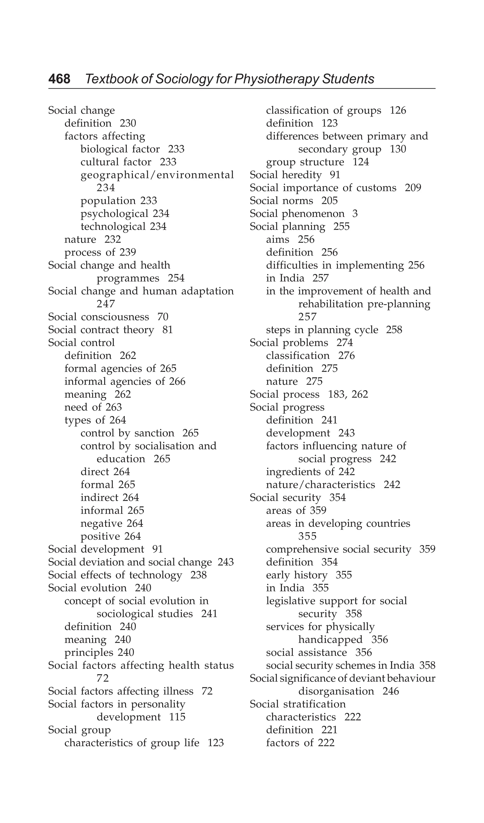 468 Textbook of Sociology for Physiotherapy Students
Social change
definition 230
factors affecting
biological factor 233
cultural factor 233
geographical/environmental
234
population 233
psychological 234
technological 234
nature 232
process of 239
Social change and health
programmes 254
Social change and human adaptation
247
Social consciousness 70
Social contract theory 81
Social control
definition 262
formal agencies of 265
informal agencies of 266
meaning 262
need of 263
types of 264
control by sanction 265
control by socialisation and
education 265
direct 264
formal 265
indirect 264
informal 265
negative 264
positive 264
Social development 91
Social deviation and social change 243
Social effects of technology 238
Social evolution 240
concept of social evolution in
sociological studies 241
definition 240
meaning 240
principles 240
Social factors affecting health status
72
Social factors affecting illness 72
Social factors in personality
development 115
Social group
characteristics of group life 123
classification of groups 126
definition 123
differences between primary and
secondary group 130
group structure 124
Social heredity 91
Social importance of customs 209
Social norms 205
Social phenomenon 3
Social planning 255
aims 256
definition 256
difficulties in implementing 256
in India 257
in the improvement of health and
rehabilitation pre-planning
257
steps in planning cycle 258
Social problems 274
classification 276
definition 275
nature 275
Social process 183, 262
Social progress
definition 241
development 243
factors influencing nature of
social progress 242
ingredients of 242
nature/characteristics 242
Social security 354
areas of 359
areas in developing countries
355
comprehensive social security 359
definition 354
early history 355
in India 355
legislative support for social
security 358
services for physically
handicapped 356
social assistance 356
social security schemes in India 358
Social significance of deviant behaviour
disorganisation 246
Social stratification
characteristics 222
definition 221
factors of 222
 