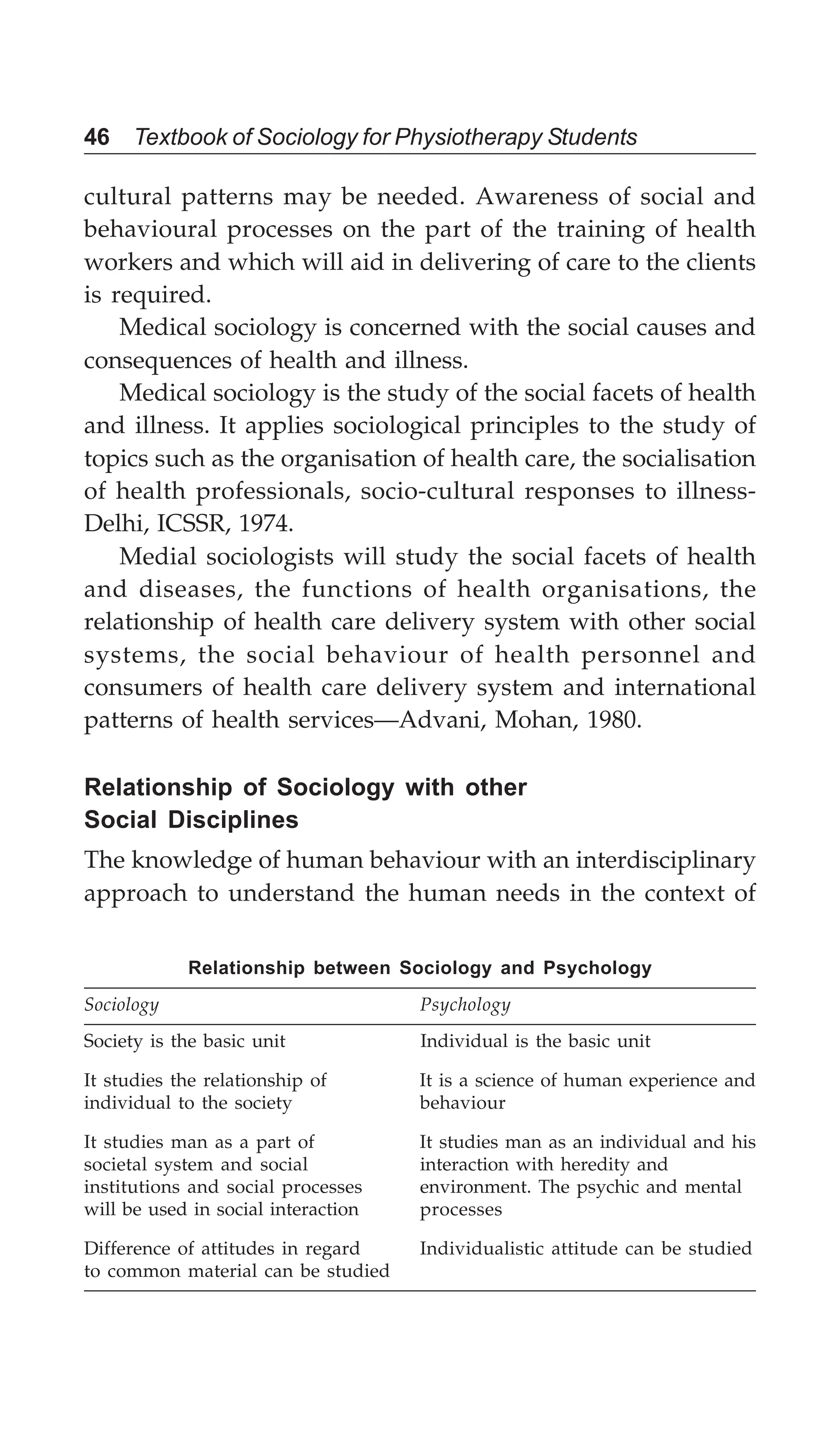 46 Textbook of Sociology for Physiotherapy Students
cultural patterns may be needed. Awareness of social and
behavioural processes on the part of the training of health
workers and which will aid in delivering of care to the clients
is required.
Medical sociology is concerned with the social causes and
consequences of health and illness.
Medical sociology is the study of the social facets of health
and illness. It applies sociological principles to the study of
topics such as the organisation of health care, the socialisation
of health professionals, socio-cultural responses to illness-
Delhi, ICSSR, 1974.
Medial sociologists will study the social facets of health
and diseases, the functions of health organisations, the
relationship of health care delivery system with other social
systems, the social behaviour of health personnel and
consumers of health care delivery system and international
patterns of health services—Advani, Mohan, 1980.
Relationship of Sociology with other
Social Disciplines
The knowledge of human behaviour with an interdisciplinary
approach to understand the human needs in the context of
Relationship between Sociology and Psychology
Sociology Psychology
Society is the basic unit Individual is the basic unit
It studies the relationship of It is a science of human experience and
individual to the society behaviour
It studies man as a part of It studies man as an individual and his
societal system and social interaction with heredity and
institutions and social processes environment. The psychic and mental
will be used in social interaction processes
Difference of attitudes in regard Individualistic attitude can be studied
to common material can be studied
 
