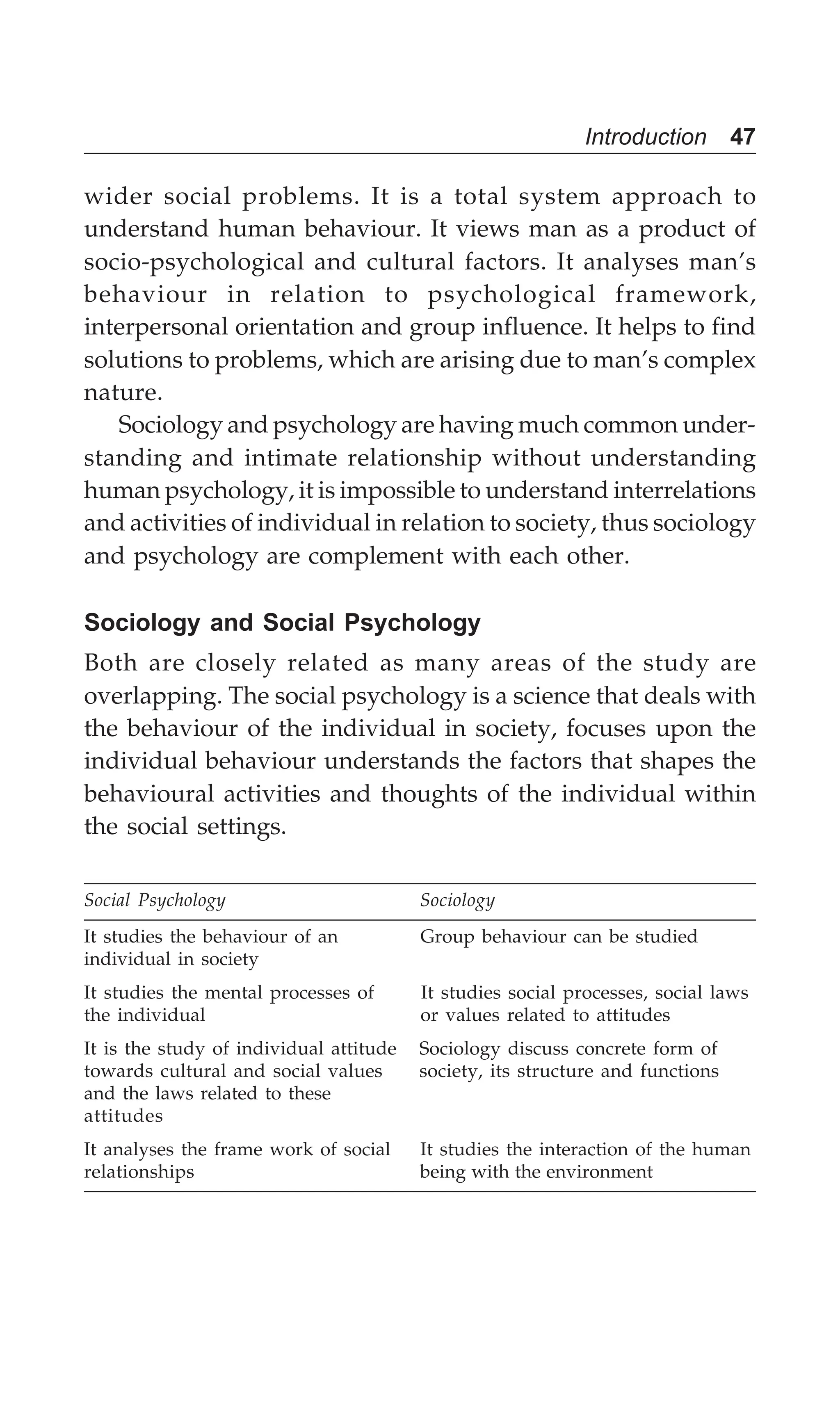 Introduction 47
wider social problems. It is a total system approach to
understand human behaviour. It views man as a product of
socio-psychological and cultural factors. It analyses man’s
behaviour in relation to psychological framework,
interpersonal orientation and group influence. It helps to find
solutions to problems, which are arising due to man’s complex
nature.
Sociology and psychology are having much common under-
standing and intimate relationship without understanding
human psychology, it is impossible to understand interrelations
and activities of individual in relation to society, thus sociology
and psychology are complement with each other.
Sociology and Social Psychology
Both are closely related as many areas of the study are
overlapping. The social psychology is a science that deals with
the behaviour of the individual in society, focuses upon the
individual behaviour understands the factors that shapes the
behavioural activities and thoughts of the individual within
the social settings.
Social Psychology Sociology
It studies the behaviour of an Group behaviour can be studied
individual in society
It studies the mental processes of It studies social processes, social laws
the individual or values related to attitudes
It is the study of individual attitude Sociology discuss concrete form of
towards cultural and social values society, its structure and functions
and the laws related to these
attitudes
It analyses the frame work of social It studies the interaction of the human
relationships being with the environment
 