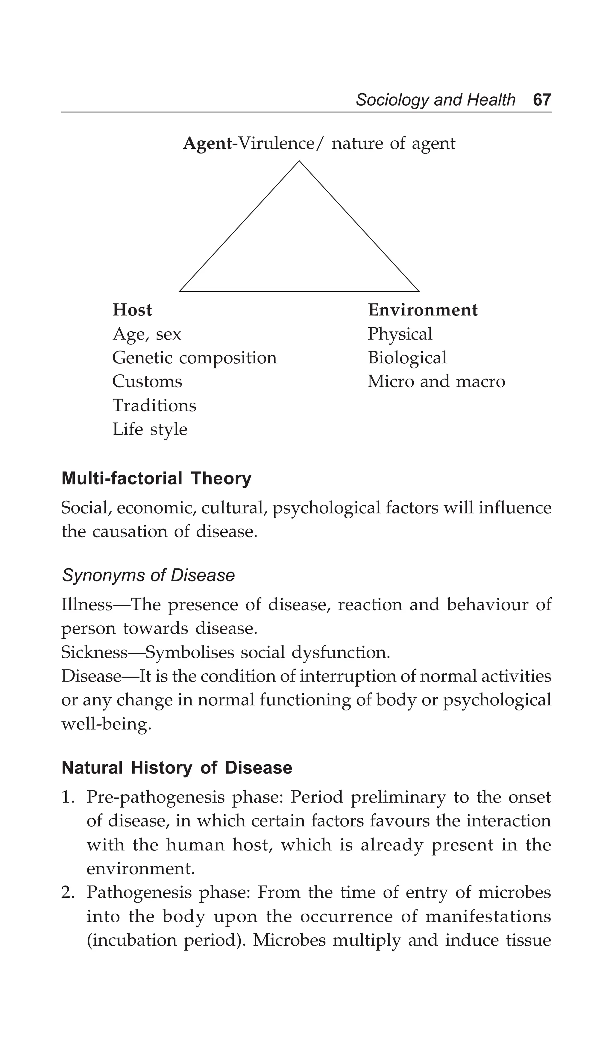 Sociology and Health 67
Agent-Virulence/ nature of agent
Host Environment
Age, sex Physical
Genetic composition Biological
Customs Micro and macro
Traditions
Life style
Multi-factorial Theory
Social, economic, cultural, psychological factors will influence
the causation of disease.
Synonyms of Disease
Illness—The presence of disease, reaction and behaviour of
person towards disease.
Sickness—Symbolises social dysfunction.
Disease—It is the condition of interruption of normal activities
or any change in normal functioning of body or psychological
well-being.
Natural History of Disease
1. Pre-pathogenesis phase: Period preliminary to the onset
of disease, in which certain factors favours the interaction
with the human host, which is already present in the
environment.
2. Pathogenesis phase: From the time of entry of microbes
into the body upon the occurrence of manifestations
(incubation period). Microbes multiply and induce tissue
 