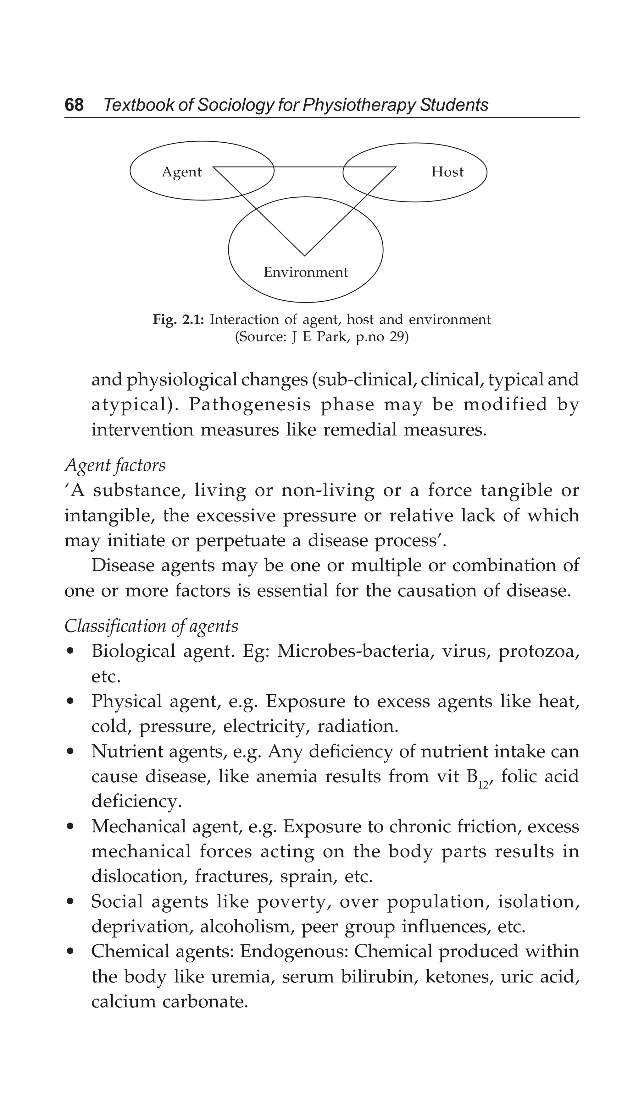 68 Textbook of Sociology for Physiotherapy Students
and physiological changes (sub-clinical, clinical, typical and
atypical). Pathogenesis phase may be modified by
intervention measures like remedial measures.
Agent factors
‘A substance, living or non-living or a force tangible or
intangible, the excessive pressure or relative lack of which
may initiate or perpetuate a disease process’.
Disease agents may be one or multiple or combination of
one or more factors is essential for the causation of disease.
Classification of agents
• Biological agent. Eg: Microbes-bacteria, virus, protozoa,
etc.
• Physical agent, e.g. Exposure to excess agents like heat,
cold, pressure, electricity, radiation.
• Nutrient agents, e.g. Any deficiency of nutrient intake can
cause disease, like anemia results from vit B12
, folic acid
deficiency.
• Mechanical agent, e.g. Exposure to chronic friction, excess
mechanical forces acting on the body parts results in
dislocation, fractures, sprain, etc.
• Social agents like poverty, over population, isolation,
deprivation, alcoholism, peer group influences, etc.
• Chemical agents: Endogenous: Chemical produced within
the body like uremia, serum bilirubin, ketones, uric acid,
calcium carbonate.
Agent Host
Environment
Fig. 2.1: Interaction of agent, host and environment
(Source: J E Park, p.no 29)
 
