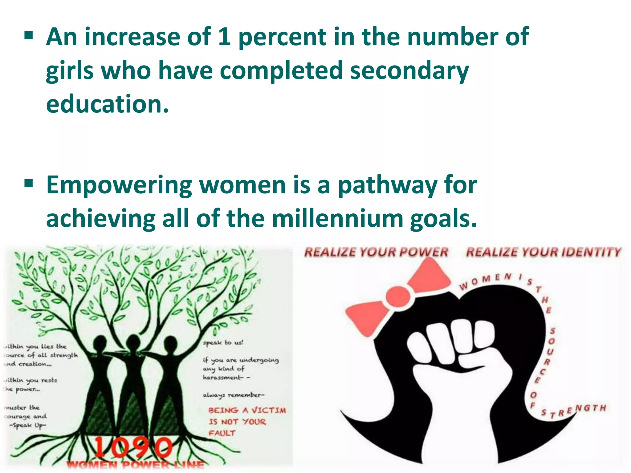  An increase of 1 percent in the number of
girls who have completed secondary
education.
 Empowering women is a pathway for
achieving all of the millennium goals.
 