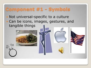 Component #1 - Symbols
 Not universal-specific to a culture
 Can be icons, images, gestures, and
  tangible things
 