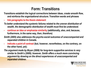 Use your own words. Avoid excessive reliance on direct quotations. Quotations are useful elements for support of your assertions; they should not speak for you.