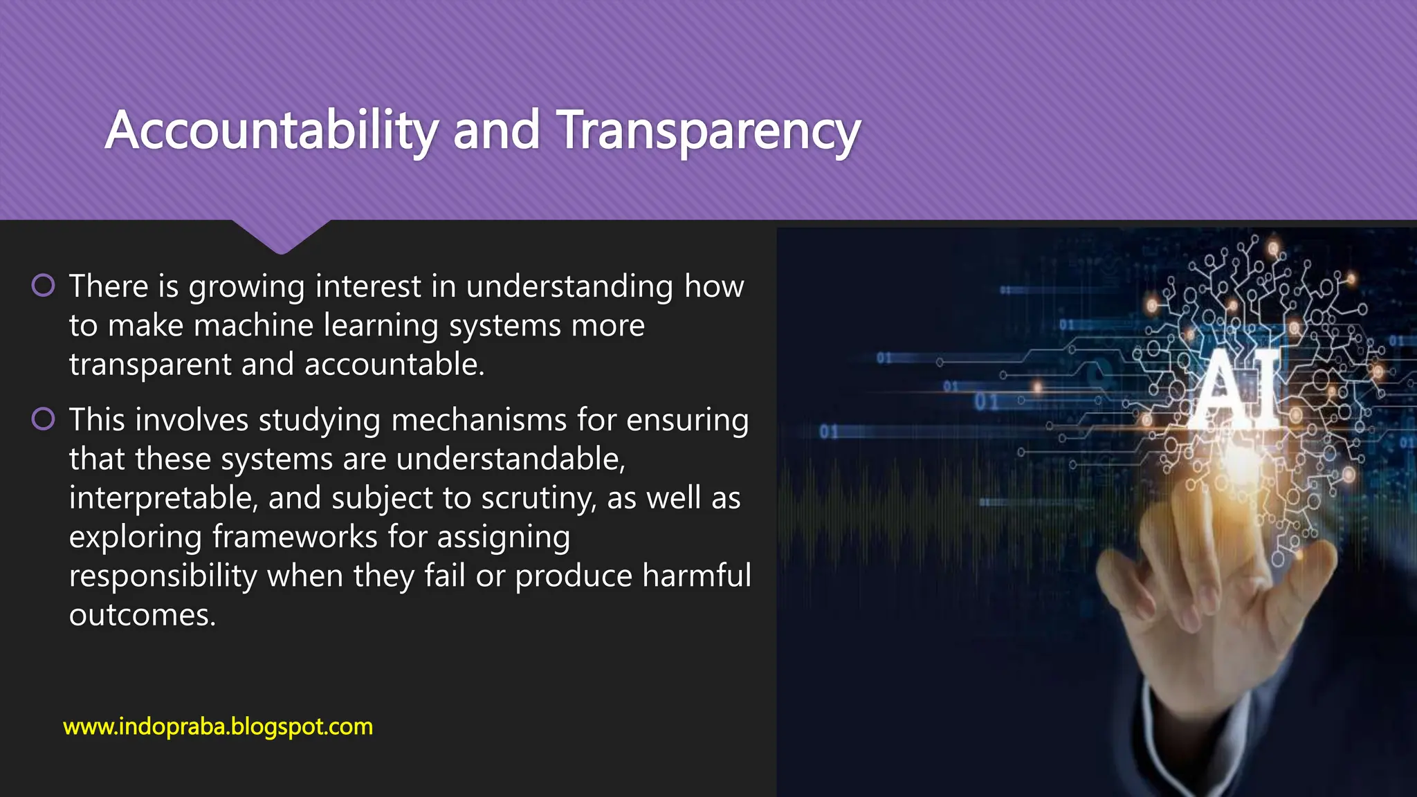 Accountability and Transparency
 There is growing interest in understanding how
to make machine learning systems more
transparent and accountable.
 This involves studying mechanisms for ensuring
that these systems are understandable,
interpretable, and subject to scrutiny, as well as
exploring frameworks for assigning
responsibility when they fail or produce harmful
outcomes.
www.indopraba.blogspot.com
 