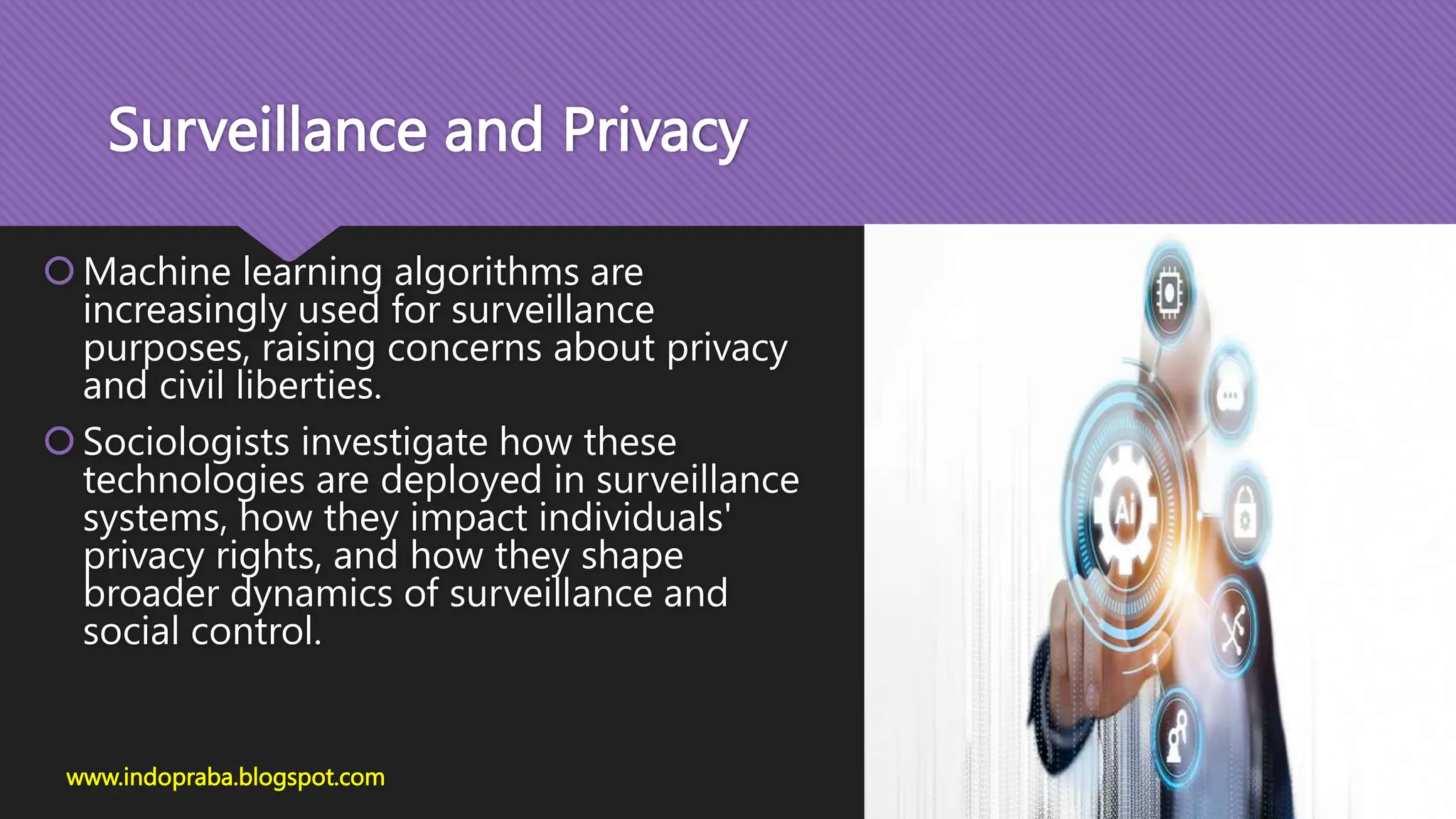 Surveillance and Privacy
Machine learning algorithms are
increasingly used for surveillance
purposes, raising concerns about privacy
and civil liberties.
Sociologists investigate how these
technologies are deployed in surveillance
systems, how they impact individuals'
privacy rights, and how they shape
broader dynamics of surveillance and
social control.
www.indopraba.blogspot.com
 