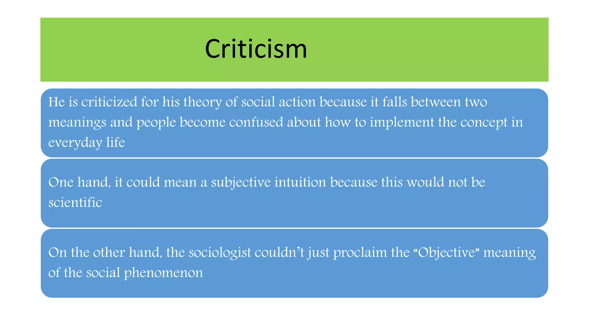 He is criticized for his theory of social action because it falls between two
meanings and people become confused about how to implement the concept in
everyday life
One hand, it could mean a subjective intuition because this would not be
scientific
On the other hand, the sociologist couldn’t just proclaim the “Objective” meaning
of the social phenomenon
Criticism
 
