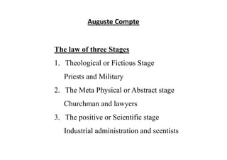 Auguste Compte
The law of three Stages
1. Theological or Fictious Stage
Priests and Military
2. The Meta Physical or Abstract stage
Churchman and lawyers
3. The positive or Scientific stage
Industrial administration and scentists
 