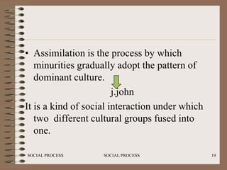 • Assimilation is the process by which
   minurities gradually adopt the pattern of
   dominant culture.
                        j.john
It is a kind of social interaction under which
   two different cultural groups fused into
   one.

SOCIAL PROCESS      SOCIAL PROCESS               19
 
