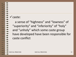 caste:
   a sense of “highness” and “lowness” of
 “superiority” and “inferiority” of “holy”
 and “unholy” which some caste group
 have developed have been responsible for
 caste conflict


SOCIAL PROCESS   SOCIAL PROCESS              32
 