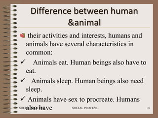 Difference between human
             &animal
     their activities and interests, humans and
    animals have several characteristics in
    common:
  Animals eat. Human beings also have to
    eat.
  Animals sleep. Human beings also need
    sleep.
  Animals have sex to procreate. Humans
    also have
SOCIAL PROCESS         SOCIAL PROCESS           37
 