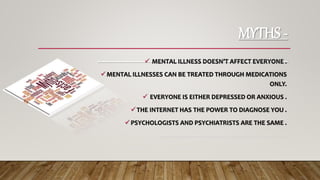 MYTHS -
-------------------------------------------------------
 MENTAL ILLNESS DOESN’T AFFECT EVERYONE .
MENTAL ILLNESSES CAN BE TREATED THROUGH MEDICATIONS
ONLY.
 EVERYONE IS EITHER DEPRESSED OR ANXIOUS .
THE INTERNET HAS THE POWER TO DIAGNOSE YOU .
PSYCHOLOGISTS AND PSYCHIATRISTS ARE THE SAME .
-------------------------------------------------------------------------------
 