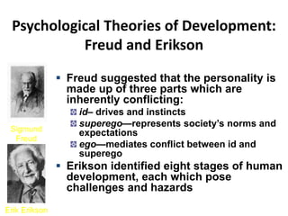 Psychological Theories of Development:
Freud and Erikson
 Freud suggested that the personality is
made up of three parts which are
inherently conflicting:
id– drives and instincts
superego—represents society’s norms and
expectations
ego—mediates conflict between id and
superego
 Erikson identified eight stages of human
development, each which pose
challenges and hazards
Erik Erikson
Sigmund
Freud
 