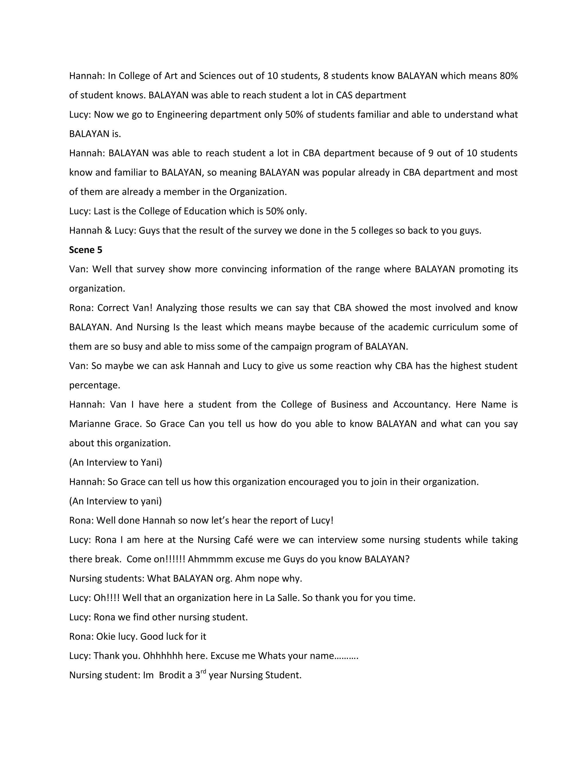 Hannah: In College of Art and Sciences out of 10 students, 8 students know BALAYAN which means 80%
of student knows. BALAYAN was able to reach student a lot in CAS department
Lucy: Now we go to Engineering department only 50% of students familiar and able to understand what
BALAYAN is.
Hannah: BALAYAN was able to reach student a lot in CBA department because of 9 out of 10 students
know and familiar to BALAYAN, so meaning BALAYAN was popular already in CBA department and most
of them are already a member in the Organization.
Lucy: Last is the College of Education which is 50% only.
Hannah & Lucy: Guys that the result of the survey we done in the 5 colleges so back to you guys.
Scene 5
Van: Well that survey show more convincing information of the range where BALAYAN promoting its
organization.
Rona: Correct Van! Analyzing those results we can say that CBA showed the most involved and know
BALAYAN. And Nursing Is the least which means maybe because of the academic curriculum some of
them are so busy and able to miss some of the campaign program of BALAYAN.
Van: So maybe we can ask Hannah and Lucy to give us some reaction why CBA has the highest student
percentage.
Hannah: Van I have here a student from the College of Business and Accountancy. Here Name is
Marianne Grace. So Grace Can you tell us how do you able to know BALAYAN and what can you say
about this organization.
(An Interview to Yani)
Hannah: So Grace can tell us how this organization encouraged you to join in their organization.
(An Interview to yani)
Rona: Well done Hannah so now let’s hear the report of Lucy!
Lucy: Rona I am here at the Nursing Café were we can interview some nursing students while taking
there break. Come on!!!!!! Ahmmmm excuse me Guys do you know BALAYAN?
Nursing students: What BALAYAN org. Ahm nope why.
Lucy: Oh!!!! Well that an organization here in La Salle. So thank you for you time.
Lucy: Rona we find other nursing student.
Rona: Okie lucy. Good luck for it
Lucy: Thank you. Ohhhhhh here. Excuse me Whats your name……….
Nursing student: Im Brodit a 3rd year Nursing Student.
 
