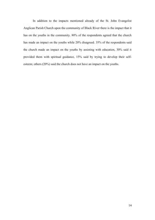 In addition to the impacts mentioned already of the St. John Evangelist
Anglican Parish Church upon the community of Black River there is the impact that it
has on the youths in the community. 80% of the respondents agreed that the church
has made an impact on the youths while 20% disagreed. 35% of the respondents said
the church made an impact on the youths by assisting with education, 30% said it
provided them with spiritual guidance, 15% said by trying to develop their self-
esteem; others (20%) said the church does not have an impact on the youths.
14
 