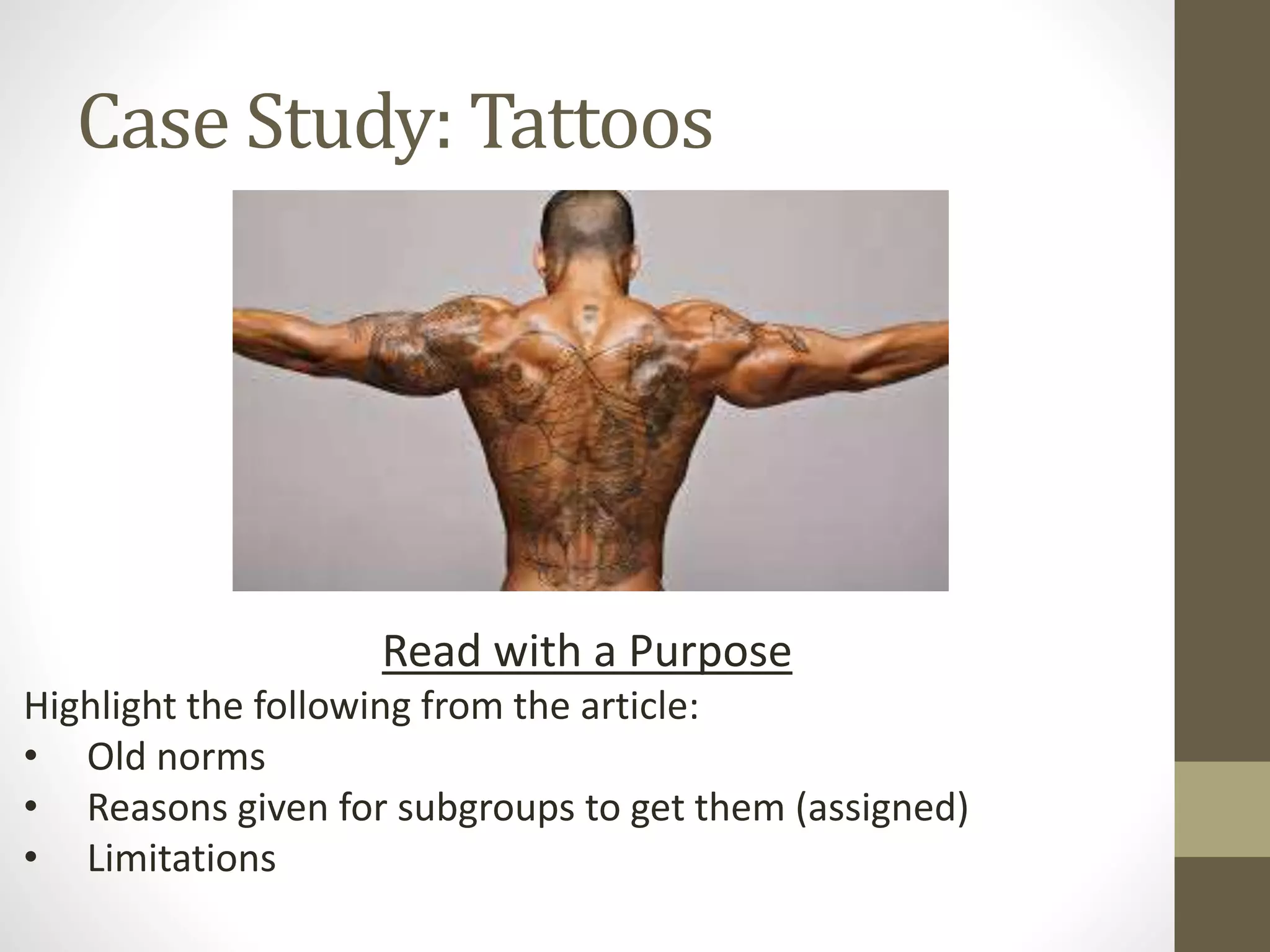 Case Study: Tattoos

Read with a Purpose
Highlight the following from the article:
• Old norms
• Reasons given for subgroups to get them (assigned)
• Limitations

 