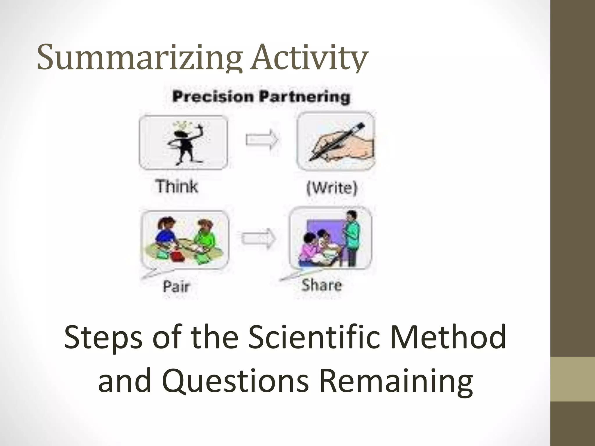 Summarizing Activity

Steps of the Scientific Method
and Questions Remaining

 