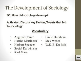 The Development of Sociology
EQ: How did sociology develop?

Activator: Discuss Key Factors/Events that led
to sociology

Vocabulary
•
•
•
•
•

Auguste Comte
Harriet Martineau
Herbert Spencer
Social Darwinism
Karl Marx

• Emile Durkheim
• Max Weber
• W.E. B. Du Bois

 