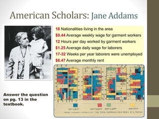 American Scholars: Jane Addams
18 Nationalities living in the area
$9.44 Average weekly wage for garment workers
12 Hours per day worked by garment workers
$1.25 Average daily wage for laborers
17-32 Weeks per year laborers were unemployed
$8.47 Average monthly rent

Answer the question
on pg. 13 in the
textbook.

 