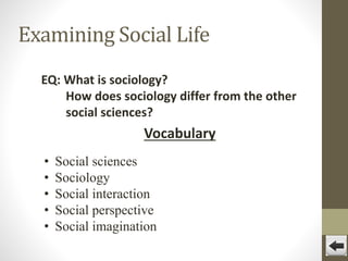 Examining Social Life
EQ: What is sociology?
How does sociology differ from the other
social sciences?

Vocabulary
•
•
•
•
•

Social sciences
Sociology
Social interaction
Social perspective
Social imagination

 