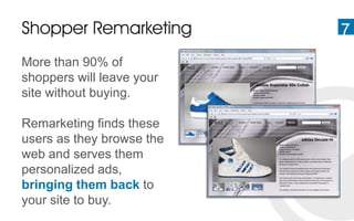 Shopper Remarketing        7
More than 90% of
shoppers will leave your
site without buying.

Remarketing finds these
users as they browse the
web and serves them
personalized ads,
bringing them back to
your site to buy.
 