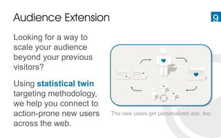 Audience Extension                                                  9
Looking for a way to
scale your audience
beyond your previous
visitors?

Using statistical twin
targeting methodology,
we help you connect to
action-prone new users   The new users get personalized ads, too.
across the web.
 