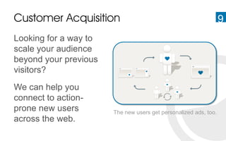 Customer Acquisition                                              9
Looking for a way to
scale your audience
beyond your previous
visitors?
We can help you
connect to action-
prone new users        The new users get personalized ads, too.
across the web.
 