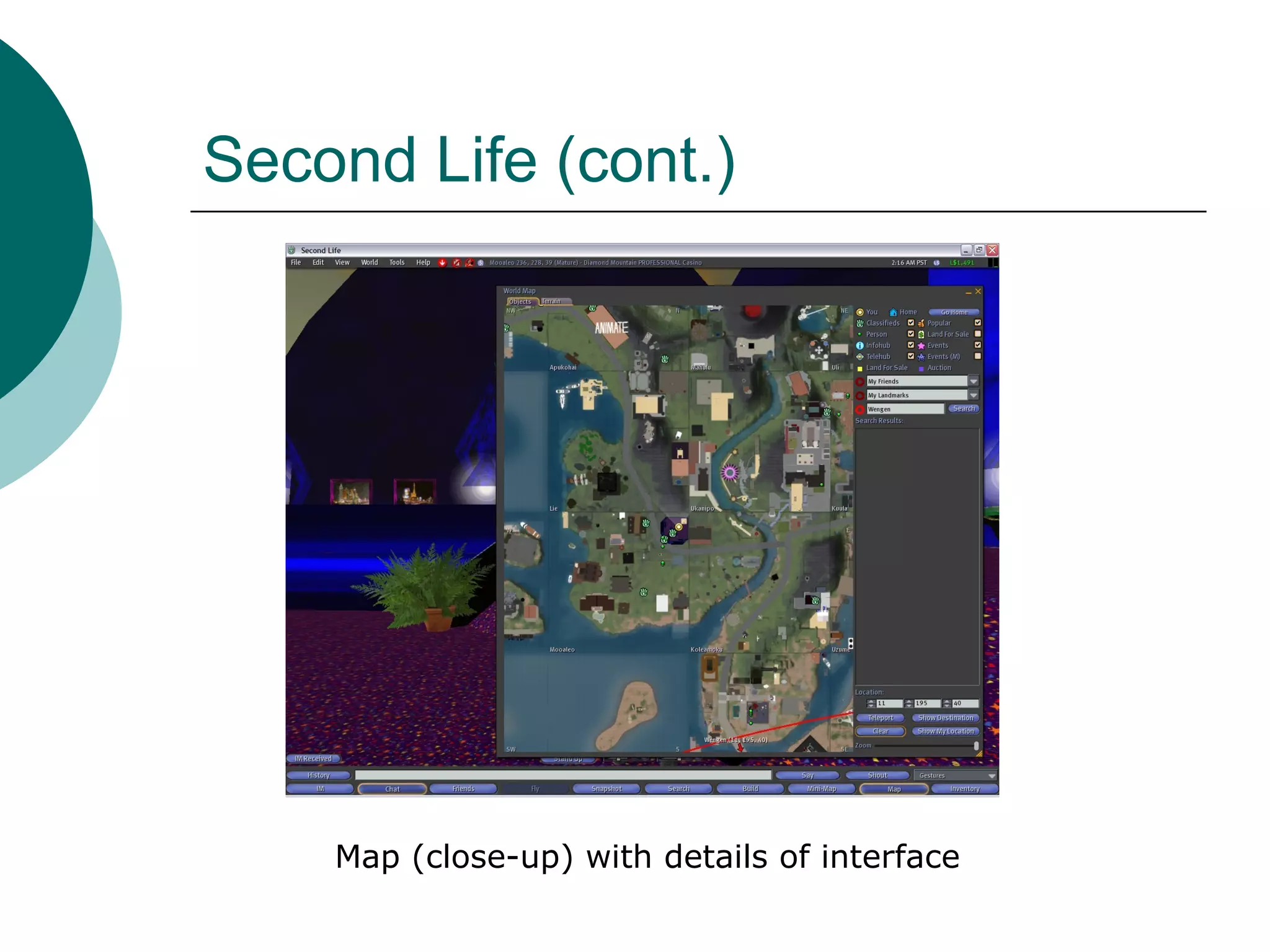 Second Life (cont.) Map (close-up) with details of interface 