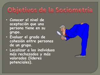 • Conocer el nivel de
aceptación que una
persona tiene en su
grupo.
• Evaluar el grado de
cohesión entre personas
de un grupo.
• Localizar a los individuos
más rechazados y más
valorados (líderes
potenciales).
 