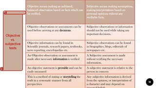 18
Objective means making an unbiased,
balanced observation based on facts which can
be verified.
Subjective means making assumptions,
making interpretations based on
personal opinions without any
verifiable facts.
Objective observations or assessments can be
used before arriving at any decisions.
Subjective observations or information
should not be used while taking any
important decisions.
Objective information can be found in
Scientific journals, research papers, textbooks,
news reporting, encyclopedias etc.
Subjective observations can be found
in biographies, blogs, editorials of
newspapers etc.
An Objective observation or assessment is
made after necessary information is verified
A Subjective assessment is made
without verifying the necessary
information.
An objective statement is provable and can be
easily measured
A subjective statement is relative to the
person in concern
This is a method of stating or storytelling the
truth in a systematic manner from all
perspectives
Any subjective information is derived
from the opinion, or interpretation of
a character and may depend on
Objective
vs.
subjective
tests
 
