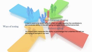 30
Ways of testing
Direct Language Testing
A test is said to be direct when the test actually requires the candidate to
demonstrate ability in the skill being sampled. It is a performance test.
Indirect testing
An indirect test measures the ability or knowledge that underlies the skill we
are trying to sample in our test.
 