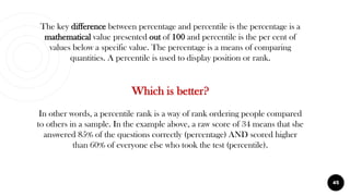 The key difference between percentage and percentile is the percentage is a
mathematical value presented out of 100 and percentile is the per cent of
values below a specific value. The percentage is a means of comparing
quantities. A percentile is used to display position or rank.
Which is better?
In other words, a percentile rank is a way of rank ordering people compared
to others in a sample. In the example above, a raw score of 34 means that she
answered 85% of the questions correctly (percentage) AND scored higher
than 60% of everyone else who took the test (percentile).
45
 
