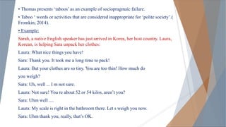 • Thomas presents ‘taboos’ as an example of sociopragmaic failure.
• Taboo ‘ words or activities that are considered inappropriate for ‘polite society’.(
Fromkin; 2014).
• Example:
Sarah, a native English speaker has just arrived in Korea, her host country. Laura,
Korean, is helping Sara unpack her clothes:
Laura: What nice things you have!
Sara: Thank you. It took me a long time to pack!
Laura: But your clothes are so tiny. You are too thin! How much do
you weigh?
Sara: Uh, well ... I m not sure.
Laura: Not sure! You re about 52 or 54 kilos, aren’t you?
Sara: Uhm well ....
Laura: My scale is right in the bathroom there. Let s weigh you now.
Sara: Uhm thank you, really, that’s OK.
 